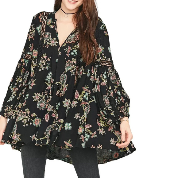 FREE PEOPLE Just The Two Of Us Black Floral Boho Tunic Balloon Sleeve Blouse - Picture 14 of 15